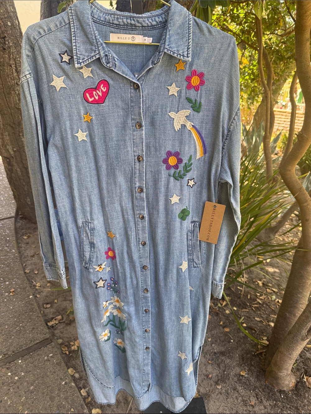 Billy T Light Blue Embroidered Denim Shirt Dress